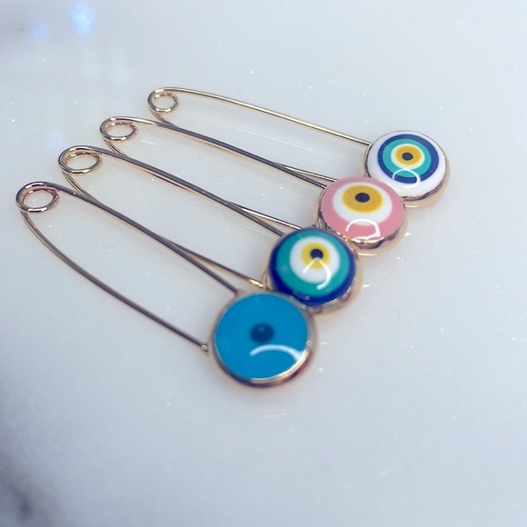 4 PIN SET Evil Eye Pin Gold 18K Plated 🧿 Pins Amulet Stroller Blue Pink El Ojo - Picture 11 of 12